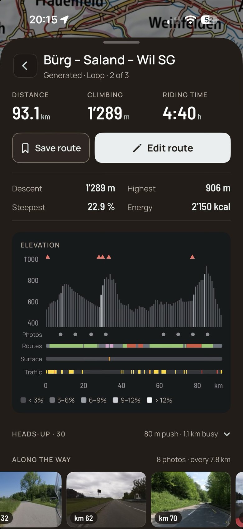 Details of the picked loop: distance, climbing, riding time, elevation profile with photo, route, surface and traffic strips, heads-up and street photos along the way